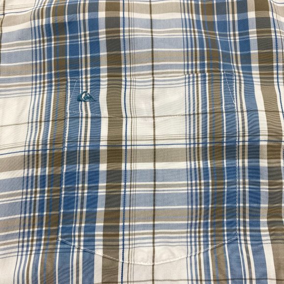 QUIKSILVER Shirt Men Large L Blue White Brown Plaid Button Up Casual Pocket Surf - Picture 3 of 12